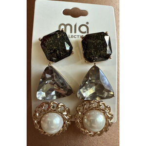 New Mia Earrings Set of 3 Stud Post Stone Earrings Gold Tone Black Silver White